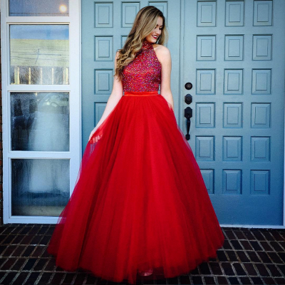 Glamorous Red A-line High Neck Evening Dresses  Crystal Sleeveless Tulle Prom Dresses_3