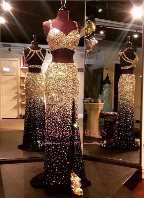 Gold Crystals Two Piece Side Slit Evening Gown Sleeveless Luxury Black Prom Dresses BA5262_2