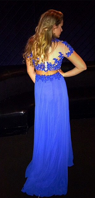 Royal Blue Short Sleeve Chiffon Long Evening Dress Separate High Collar Lace Prom Gown_2