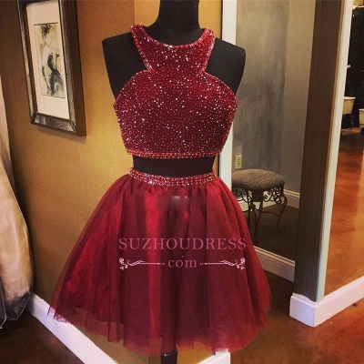 Two-Piece Bead Sleeveless A-line Luxury Red Homecoming Dresses_3