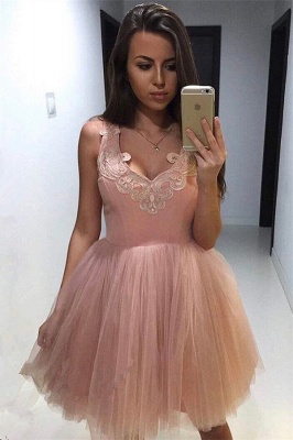 V-neck Appliques Pink Homecoming Dresses   Puffy Tulle Short Hoco Dress_1