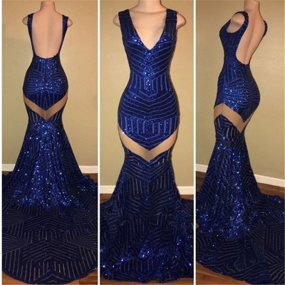 See Through Sparkle Sequins V-neck Sexy Prom Dresses  Roayl Blue Backless  Evening Gown_3