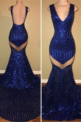 See Through Sparkle Sequins V-neck Sexy Prom Dresses  Roayl Blue Backless  Evening Gown_1