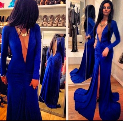 Blue Deep V-neck Evening Dress Long Sleeve Ruffles Prom Dress with Side Slit CJ0021_1