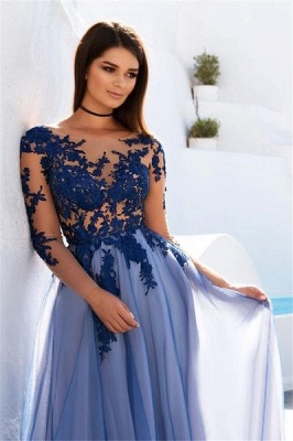 Illusion Long Sleeve Appliques Evening Dresses  Sheer Tulle Open Back Prom Dress_1