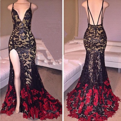 Sexy Mermaid V-Neck Lace Evening Gowns Latest Open Back Split Party Dresses MQ0_3