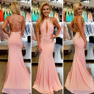 Pink Beading Mermaid Prom Dress Sexy Long Sleeveless  Evening Gowns_3