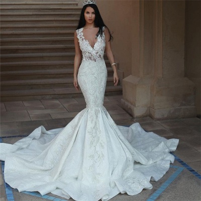 Elegant V-Neck Sleeveless Wedding Dresses | Mermaid Lace Bridal Gowns with Buttons BA9550_4
