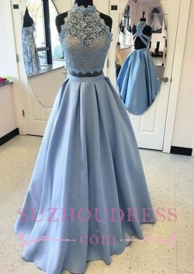 A-line Two-pieces Long  High-neck Lace Blue Prom Dress_1