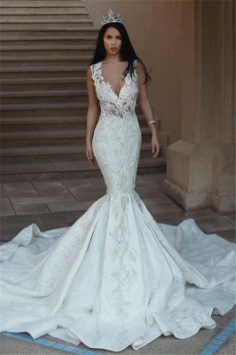 Elegant V-Neck Sleeveless Wedding Dresses | Mermaid Lace Bridal Gowns with Buttons BA9550_1