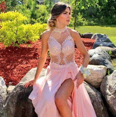 Sequins Halter Prom Dresses With Slit Chiffon Backless Evening Gowns CE061_4