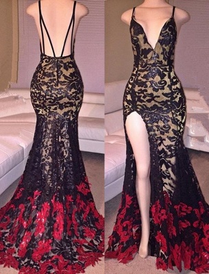 Sexy Mermaid V-Neck Lace Evening Gowns Latest Open Back Split Party Dresses MQ0_1