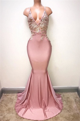 V-neck Pink Evening Dress Straps Beads Appliques Mermaid Sexy Prom Dress  MQ0_1
