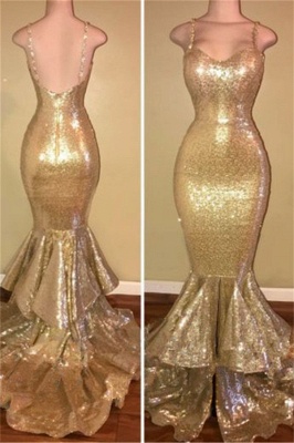 Spaghetti Straps Mermaid Sequins Prom Dress Champagne Gold Tiered Ruffles Sexy  Evening Gown BA7627_1