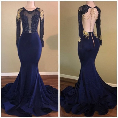 Dark Navy Mermaid Prom Dresses  | Long Sleeves Open Back Evening Gowns BA7834_3