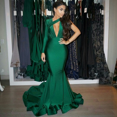 One Sleeve Deep V-neck Sexy Evening Dress | Dark Green Mermaid Prom Dress  with Long Train_3
