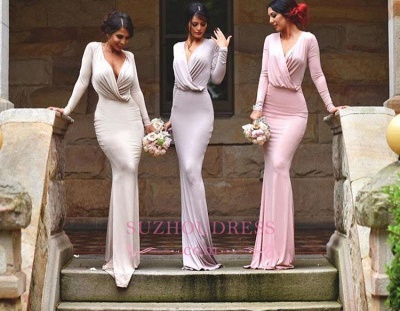 Floor Length Bodycon Evening Gowns  Long Sleeve V-neck Elegant Bridesmaid Dress_1