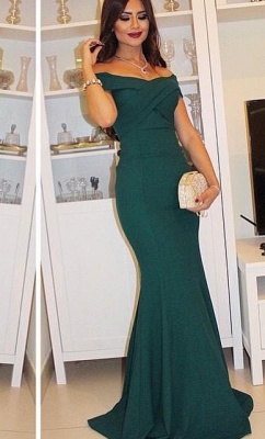 Dark Green Off the Shoulder Mermaid Formal Occasion Dress Short Sleeve Ruched Long Evening Gown_3