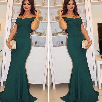 Dark Green Off the Shoulder Mermaid Formal Occasion Dress Short Sleeve Ruched Long Evening Gown_1