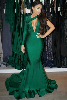One Sleeve Deep V-neck Sexy Evening Dress | Dark Green Mermaid Prom Dress  with Long Train_1