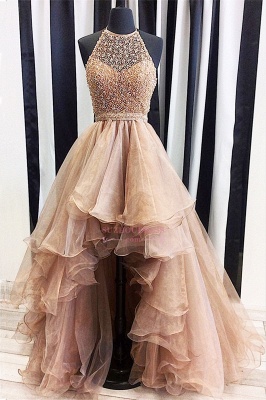 Brilliant Hi-Lo Tulle Halter Low Beading A-Line Evening Dresses_4