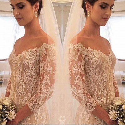 Elegant V-neck Lace Wedding Dresses  3/4 Sleeves Tulle Sheath Wedding Gown_3