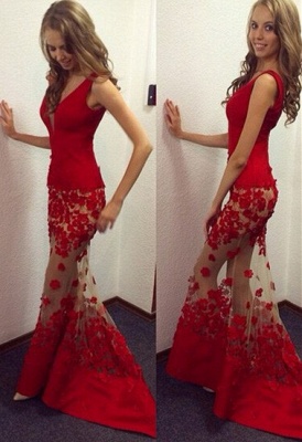 V-Neck Tulle Red Lace Evening Gown New Arrival Mermaid Long Prom Dresses_1