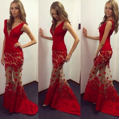 V-Neck Tulle Red Lace Evening Gown New Arrival Mermaid Long Prom Dresses_3