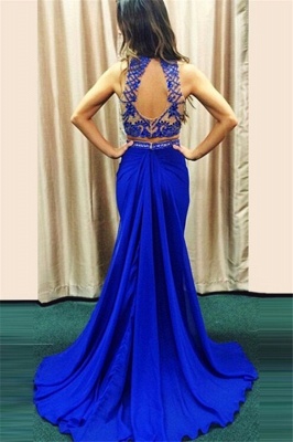 High Neck Royal Blue Two Piece Prom Dress  Mermaid Sleeveless Beaded Evening Dresses_3