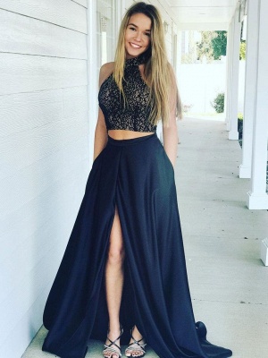 Halter Open Back Two Piece Prom Dresses | Black Lace Sexy Slit Sleeveless  Evening Dress_4