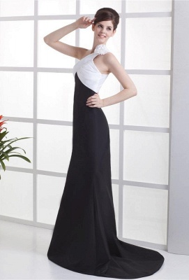 White And Black Prom Dresses  One Shoulder Sleeveless Mermaid Sweep Train Satin Flower  Evening Gowns_1