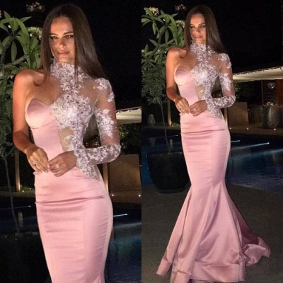 High Neck One Sleeve Prom Dress  Pink Mermaid Lace Appliques Evening Gown BA6638_3