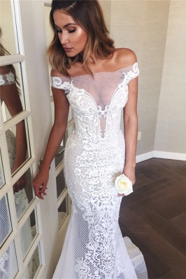 Off The Shoulder Sheer Tulle Bride Dress  Lace Appliques Mermaid Buttons Wedding Dress_3