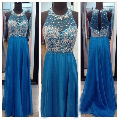 Ocean Blue Halter Sparkly  Chiffon Prom Dresses with Sheer Back Crystal Popular Long Evening Dresses_2