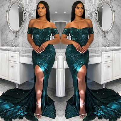 Off The Shoulder Shiny Sequins Evening Dress | Sexy Slit Prom Dresses  with Court Train_3