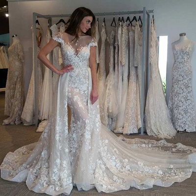 Illusion Cap Sleeves Bride Dresses  Gorgeous Lace Appliques Overskirt Wedding Gowns_3