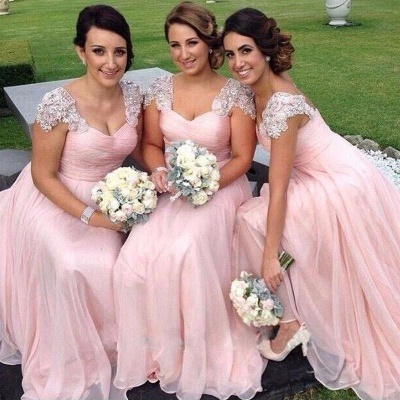Cap Sleeves Pink Chiffon  Bridesmaid Dresses  Appliques Maid of Dresses Online_1