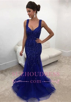 Elegant Royal-Blue Straps Mermaid Sleeveless Long Crystals Prom Dress_2