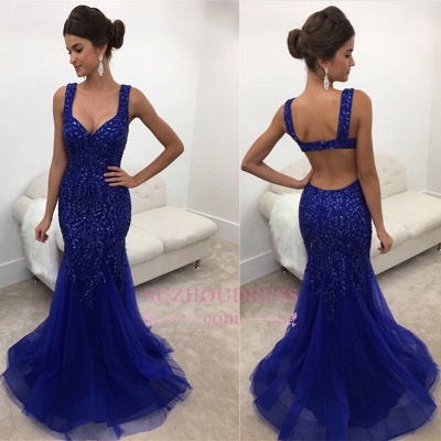 Elegant Royal-Blue Straps Mermaid Sleeveless Long Crystals Prom Dress_1