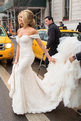 Sexy Mermaid  Wedding Dress Strapless Lace Tulle Bridal Gowns with Cathedral Train_1