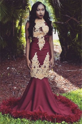 Sexy Burgundy Feather Prom Dresses | Sleeveless Mermaid High Neck Lace Evening Dress_1