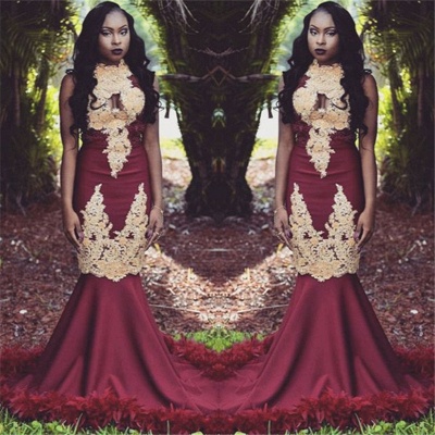 Sexy Burgundy Feather Prom Dresses | Sleeveless Mermaid High Neck Lace Evening Dress_3