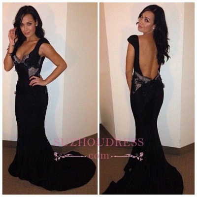 Mermaid Backless Black Sweep-Train Sexy Lace Evening Dresses_3