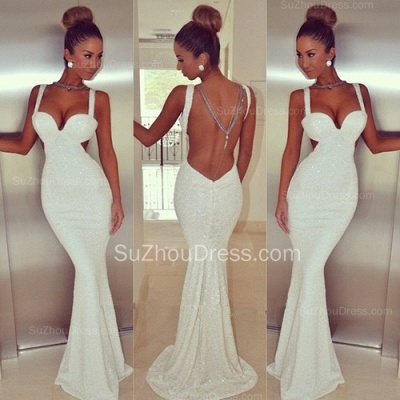Mermaid Evening Dresses Spaghetti Straps Sweep Train Zipper Elegant Sequined Evening Gowns with Back Chains_2