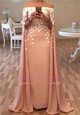 Long Floor Length Designer Cape Evening Dresses  Appliques Flowers Glamorous Prom Dress_2