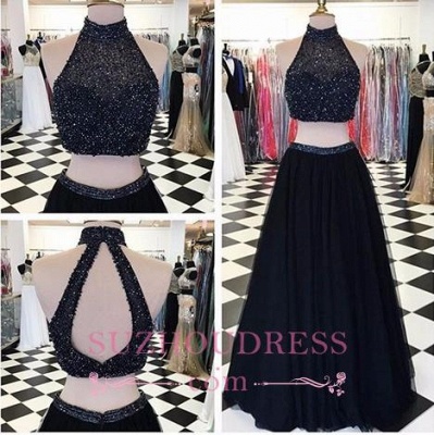 High-Neck Two-Piece Long Beaded A-line Black Prom Dresses_1