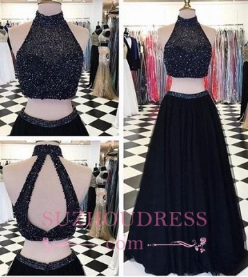 High-Neck Two-Piece Long Beaded A-line Black Prom Dresses_3