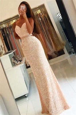 Spaghetti Straps Sequins Long Evening Dresses Open Back  Prom Dress with Beading Belt BA3978_1