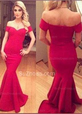 Red Prom Dresses Off Shoulder V Neck Elegant Sweep Train Zipper Satin Evening Gowns_2