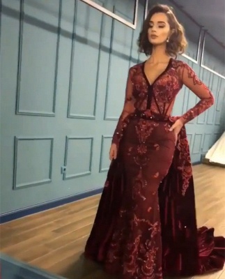 Elegant Long Sleeve Burgundy Prom Dress Velvet Evening Gowns With Lace Appliques_4